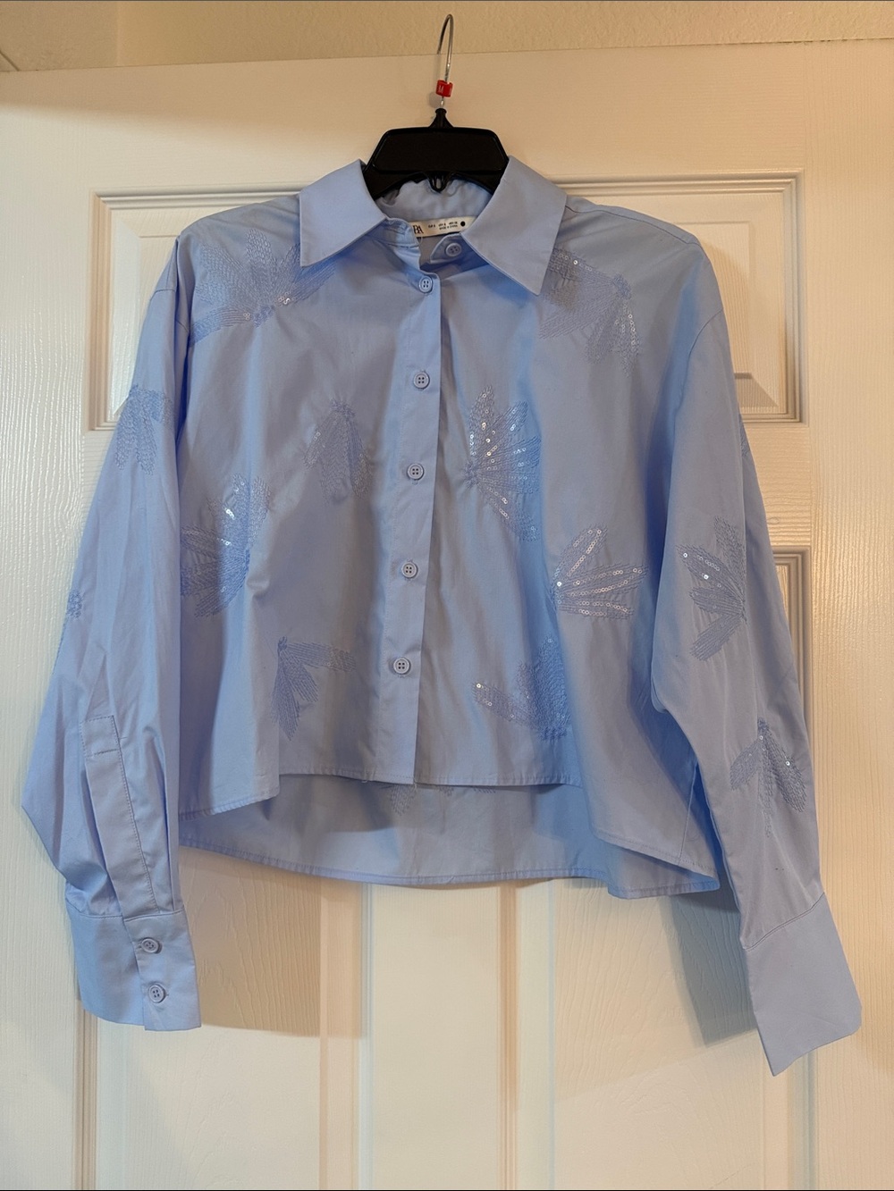 Zara Pale Blue Cropped Sequin-Embellished Button-Down Shirt